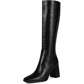 Square Toe Knee High Boots for Women Stylish Tall Boots Chunky Heel Long Boots Crocodile Boots Side Zipper.