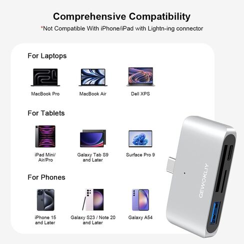 محور USB C، محطة إرساء USB C مع USB C إلى فتحتين قارئ بطاقة ذاكرة SD/Micro SD منافذ USB 3.0 USB C مزدوجة، قارئ بطاقة SD لأجهزة MacBook/iPhone 15 Pro Max/iPad/أجهزة الكمبيوتر المحمولة | التوصيل والتشغيل in Saudi Arabia
