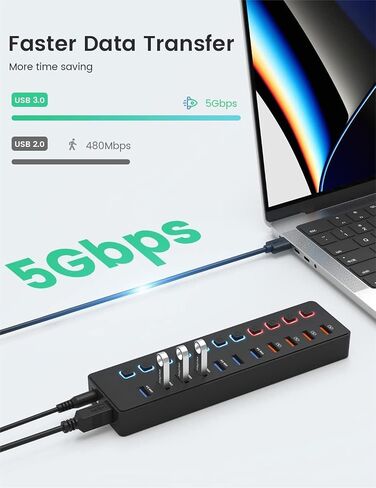 Powered USB 3.0 Hub, 11-Port USB Hub Splitter (7 Faster Data Transfer Ports+ 4 Smart Charging Ports) with Individual LED On/Off Switches, USB Hub 3.0 Powered with Power Adapter for Mac, PC in Saudi Arabia