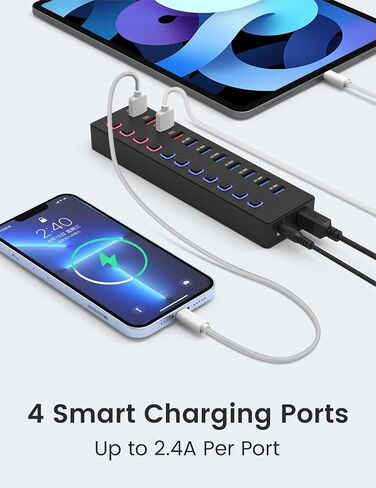 Powered USB 3.0 Hub, 11-Port USB Hub Splitter (7 Faster Data Transfer Ports+ 4 Smart Charging Ports) with Individual LED On/Off Switches, USB Hub 3.0 Powered with Power Adapter for Mac, PC in Saudi Arabia