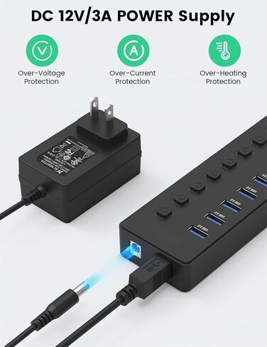 Powered USB 3.0 Hub, 11-Port USB Hub Splitter (7 Faster Data Transfer Ports+ 4 Smart Charging Ports) with Individual LED On/Off Switches, USB Hub 3.0 Powered with Power Adapter for Mac, PC in Saudi Arabia