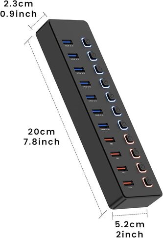 Powered USB 3.0 Hub, 11-Port USB Hub Splitter (7 Faster Data Transfer Ports+ 4 Smart Charging Ports) with Individual LED On/Off Switches, USB Hub 3.0 Powered with Power Adapter for Mac, PC in Saudi Arabia