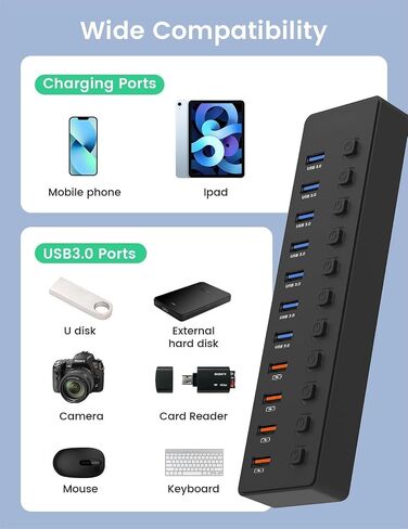 Powered USB 3.0 Hub, 11-Port USB Hub Splitter (7 Faster Data Transfer Ports+ 4 Smart Charging Ports) with Individual LED On/Off Switches, USB Hub 3.0 Powered with Power Adapter for Mac, PC in Saudi Arabia