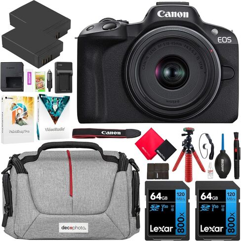 Canon EOS R50 Mirrorless Camera (Black) with RF-S 18-45mm F4.5-6.3 is STM Lens 5811C012 Bundle with Deco Gear Photography Bag + 2 x Battery + 2 x 64GB Memory Cards + Accessories Kit in Saudi Arabia