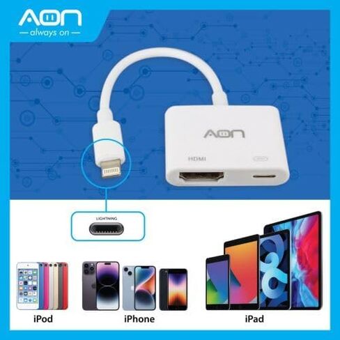 محول AON متعدد المنافذ Lightning إلى HDMI - دونجل مع منفذ شحن HDMI أنثى ومنفذ شحن Lightning، دقة Full HD 1080p، متوافق مع iPhone، iPad، الشاشة، التلفزيون، جهاز العرض - أبيض in Saudi Arabia