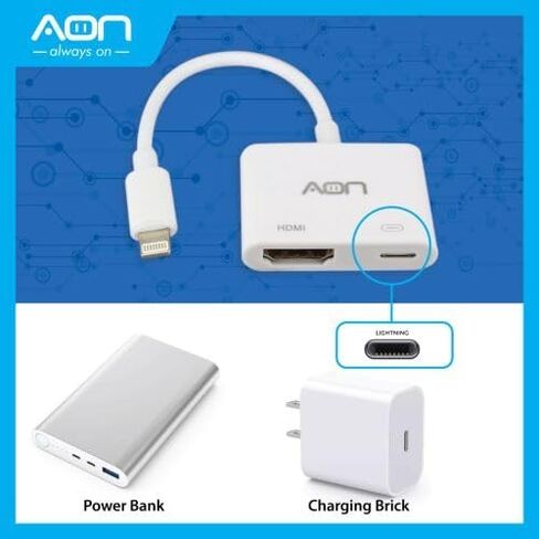 محول AON متعدد المنافذ Lightning إلى HDMI - دونجل مع منفذ شحن HDMI أنثى ومنفذ شحن Lightning، دقة Full HD 1080p، متوافق مع iPhone، iPad، الشاشة، التلفزيون، جهاز العرض - أبيض in Saudi Arabia