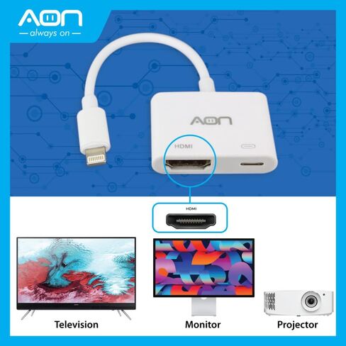 محول AON متعدد المنافذ Lightning إلى HDMI - دونجل مع منفذ شحن HDMI أنثى ومنفذ شحن Lightning، دقة Full HD 1080p، متوافق مع iPhone، iPad، الشاشة، التلفزيون، جهاز العرض - أبيض in Saudi Arabia