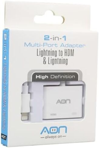 محول AON متعدد المنافذ Lightning إلى HDMI - دونجل مع منفذ شحن HDMI أنثى ومنفذ شحن Lightning، دقة Full HD 1080p، متوافق مع iPhone، iPad، الشاشة، التلفزيون، جهاز العرض - أبيض in Saudi Arabia