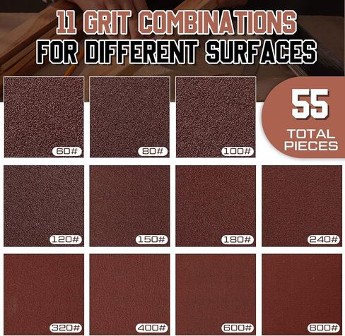 Blosssound 55 Pcs 1/4 Sheets Sandpaper 5.5 x 4.5 Palm Sander Sandpaper 5 of Each Grit 60, 80, 100, 120, 150, 180, 240, 320, 400, 600, 800 Sandpaper Assortment with Hook and Loop for Wood Automotive in Saudi Arabia