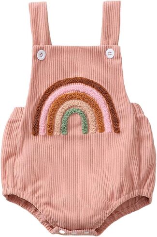 ملابس Lesimsam لحديثي الولادة من البنات مع حزام بدون أكمام وتطريز قوس قزح بشكل عام، بدلة رومبير بحمالات in Kuwait