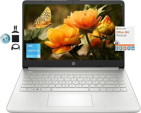 كمبيوتر محمول HP 14 HD Ultra Light للطلاب، معالج Intel Pentium N5030 رباعي النواة (يصل إلى 3.1 جيجا هرتز)، ذاكرة الوصول العشوائي 16 جيجابايت، 512 جيجابايت SSD، WiFi، بلوتوث، كاميرا ويب، Windows 11، مكتب لمدة عام 365، ملحقات KyyWee in Kuwait