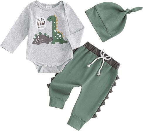 YOKJZJD 3Pcs Newborn Baby Boy Coming Home Outfit Hi I'm New Here Dinosaur Long Sleeve Romper Tops Pants Set +Hat Fall Clothes in Saudi Arabia