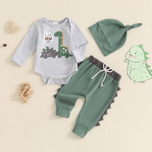 YOKJZJD 3Pcs Newborn Baby Boy Coming Home Outfit Hi I'm New Here Dinosaur Long Sleeve Romper Tops Pants Set +Hat Fall Clothes in Saudi Arabia