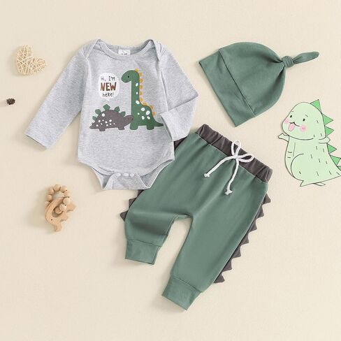 YOKJZJD 3Pcs Newborn Baby Boy Coming Home Outfit Hi I'm New Here Dinosaur Long Sleeve Romper Tops Pants Set +Hat Fall Clothes in Saudi Arabia
