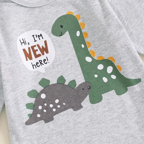 YOKJZJD 3Pcs Newborn Baby Boy Coming Home Outfit Hi I'm New Here Dinosaur Long Sleeve Romper Tops Pants Set +Hat Fall Clothes in Saudi Arabia