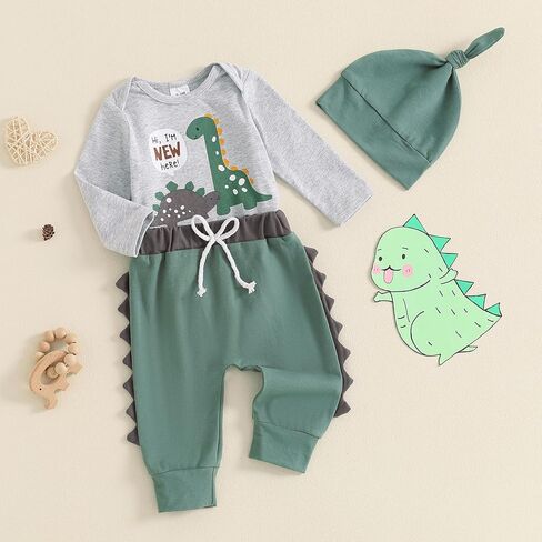 YOKJZJD 3Pcs Newborn Baby Boy Coming Home Outfit Hi I'm New Here Dinosaur Long Sleeve Romper Tops Pants Set +Hat Fall Clothes in Saudi Arabia