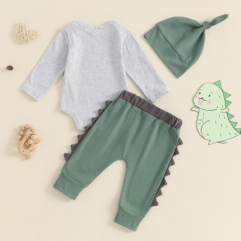 YOKJZJD 3Pcs Newborn Baby Boy Coming Home Outfit Hi I'm New Here Dinosaur Long Sleeve Romper Tops Pants Set +Hat Fall Clothes in Saudi Arabia