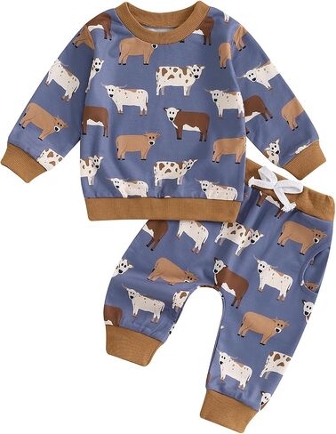 Toddler Baby Boy Outfit Long Sleeve Crewneck Sweatshirt Tops + Elastic Waist Pants Set 2 Piece Fall Winter Clothes in Saudi Arabia