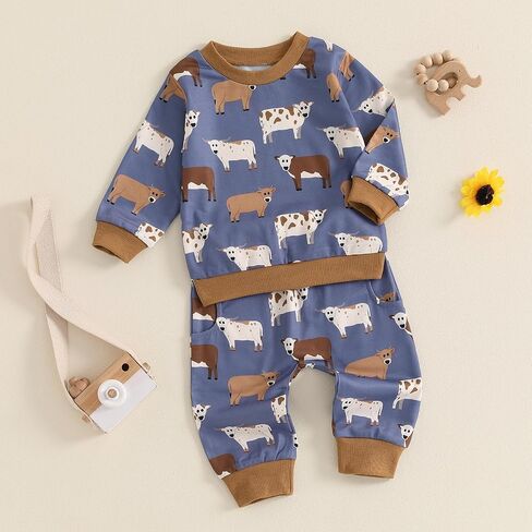 Toddler Baby Boy Outfit Long Sleeve Crewneck Sweatshirt Tops + Elastic Waist Pants Set 2 Piece Fall Winter Clothes in Saudi Arabia
