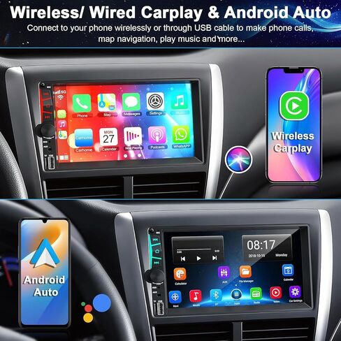 ستيريو راديو سيارة لاسلكي مزدوج Din مقاس 7 بوصات مع شاشة Carplay Android Auto التي تعمل باللمس، وحدة رأس مستقبلات صوت السيارة، بلوتوث 5.3، كاميرا احتياطية، FM/AM/RDS، SWC، Mirrorlink، وظيفة الشحن السريع... in Saudi Arabia