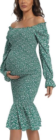Maternity Fall Floral Midi Bodycon Dresses, Long Puff Sleeve Square Neck Ruffle Hem Mermaid Baby Shower Dress Red S in Kuwait