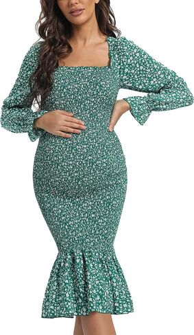 Maternity Fall Floral Midi Bodycon Dresses, Long Puff Sleeve Square Neck Ruffle Hem Mermaid Baby Shower Dress Red S in Kuwait