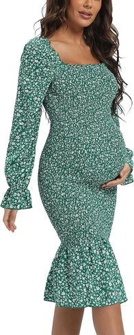 Maternity Fall Floral Midi Bodycon Dresses, Long Puff Sleeve Square Neck Ruffle Hem Mermaid Baby Shower Dress Red S in Kuwait