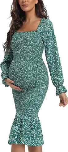 Maternity Fall Floral Midi Bodycon Dresses, Long Puff Sleeve Square Neck Ruffle Hem Mermaid Baby Shower Dress Red S in Kuwait