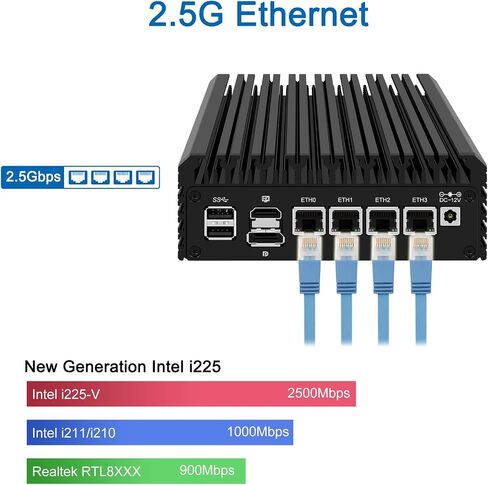 جهاز جدار الحماية Mini PC 2.5Gbe، مع جهاز التوجيه N100 الثاني عشر (حتى 3.4 جيجا هرتز) بدون مروحة كمبيوتر صغير مع 4xIntel I226 Nics 8GB DDR5 Ram 128GB M.2 PCIE 3.0 SSD دعم PFsense OPNsense AES-NI in Kuwait