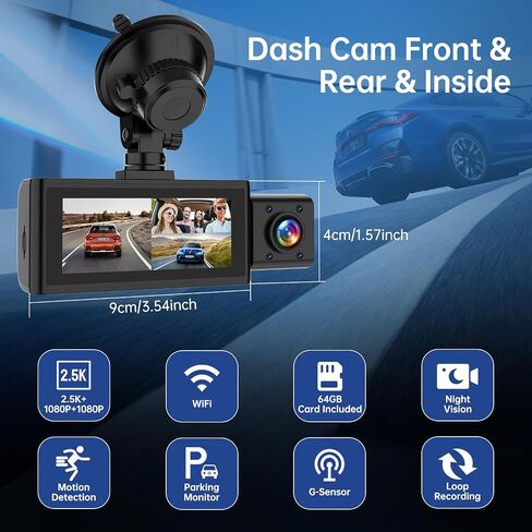 Milerong 2.5K 3 Channel Dash Cam WiFi، 1440P+1080P+1080P Dash Cam أمامية وخلفية من الداخل مع بطاقة 64 جيجابايت، كاميرا قياس 3.16 بوصة لتسجيل حلقة السيارات، مستشعر G، رؤية ليلية بالأشعة تحت الحمراء، وضع انتظار السيارات 24 ساعة in Saudi Arabia