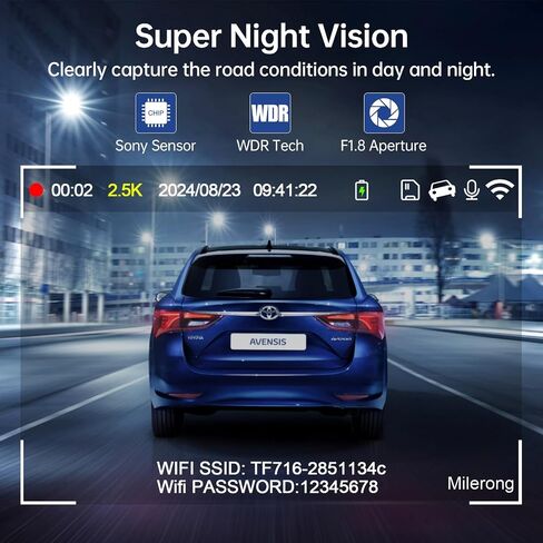 Milerong 2.5K 3 Channel Dash Cam WiFi، 1440P+1080P+1080P Dash Cam أمامية وخلفية من الداخل مع بطاقة 64 جيجابايت، كاميرا قياس 3.16 بوصة لتسجيل حلقة السيارات، مستشعر G، رؤية ليلية بالأشعة تحت الحمراء، وضع انتظار السيارات 24 ساعة in Saudi Arabia