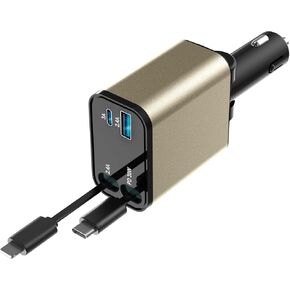 Retractable Car Charger, 4 in 1 Fast Car Phone Charger, Car Charger Adapter with 2 Retractable Cords 2.6ft & 2 USB Ports, Compatible with iPhone 15/14/13/12/11 Series, Galaxy, Pixel