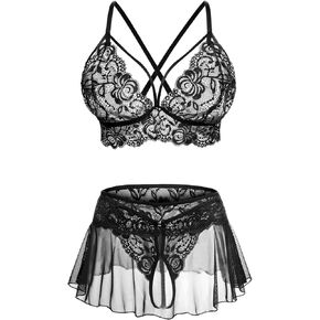 Sexy Lingerie for Women Naughty 3 Piece Lace Bralette, Mini Skirt with G-String Crotchless Lingerie Outfits in Kuwait