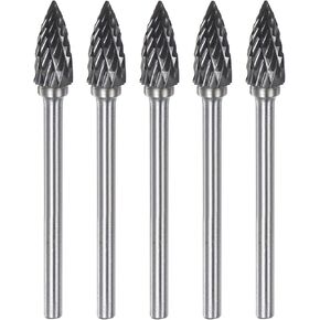 HARFINGTON 5pcs Carbide Rotary Burrs 1/8" (3mm) Shank 1/4" (6mm) Head Double Cut Pointed G Shape Die Grinder Bits Rasp Files for Metal Wood Plastic Polishing Engraving