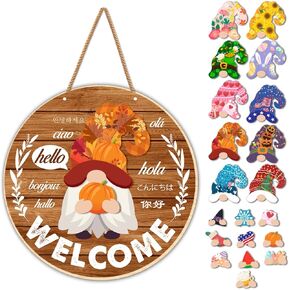 Interchangeable Welcome Sign for Front Door Seasonal Gnome Wood Wreath Sign Changeable Holiday Seasonal Gnome Decoration Door Home Wall Decor (21 Pcs)