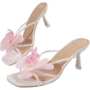 MakeMeChic Women's 3D Flower Square Open Toe Sandals Slip On Slides Summer Pyramid Heels