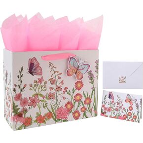 13" Large Purple Gift Bag Set with Greeting Card and Tissue Paper (Lavender and 3D Butterfly) Women's Birthday, Girls Party, Mother's Day, Wedding