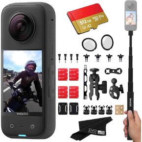 Insta360 X3 - Waterproof 360 Action Camera with 1/2" 48MP Sensors, 5.7K 360 HDR Video, 72MP 360 Photo, 4K Single-Lens, 2.29" Touchscreen|Includes Motorcycle Bundle, Selfie Stick, Lens Guard&512GB