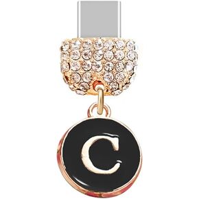 ELISE & FONDA TP55 Type-C USB Charging Port Crystal Anti Dust Plug Tiny letter C Cell Phone Charm for Samsung/Huawei/OnePlus/Xiaomi/oppo New Android Phones(Black)