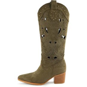 WIRALOMI Western Cowboy Boots for Women, Pointed Toe Mid Calf Cowgirl Boots with Hollow Floral and Rivet, Chunky High Heel Boots