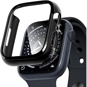 PZOZ Compatible for Apple Watch Series 9/8/7 45mm Hard Case with Tempered Glass Screen Protector, Slim Hard PC Cover, Thin Bumper Full Coverage Accessories for iWatch 9/8/7 (45mm, Black)