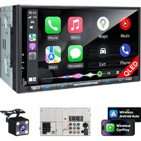 PLZ 7" Wireless Double Din Car Stereo Apple Carplay Radio QLED Screen for Car, Android Auto, Bluetooth 5.3, Fast Charger, 1080P Backup Camera, 4.2 Channel Outputs 240W, 2 Subwoofer