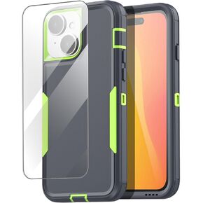 AICase Belt Holster Case Compatible with iPhone 15 +Glass Protector+Camera Lens,Heavy Duty 3-Layer Pocket-Friendly Durable Military Grade Protection Shockproof/DropProof Protective Cover 6.1"