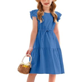 Arshiner Toddler Cotton Linen Dress Summer Casual Party Double-Ruffle Sleeves Dresses 2-6Y