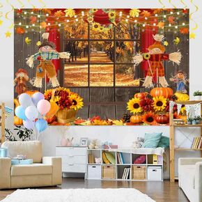 Fall Window Scenery Backdrop Autumn Forest Landscape Background for Photography Pumpkins Maple Leaves Flowers Autumn Theme Baby Shower Birthday Party Decor Photo Booth Studio Props 7x5ft
