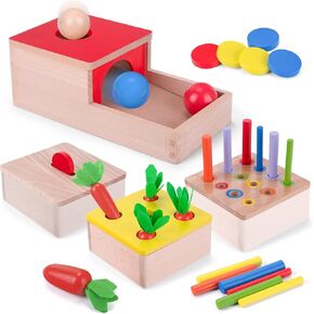 Montessori Toys for 1 Year Old, 4 in 1 Wooden Toys for Baby Boy Girl, Object Permanence Box, Color&Shape Sorting Learning Matching Game, Carrot Harvest, Preschool Educational Gifts for Toddlers