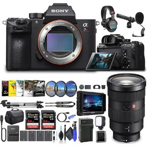 Sony Alpha a7R III Mirrorless Digital Camera Body Only ILCE7RM3/B, Sony FE 24-70mm Lens, 4K Monitor, Pro Headphones, Pro Mic, 2 x 64GB Memory Card, 3 x NP-FZ-100 Battery, and More