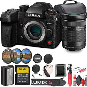 Panasonic Lumix GH7 Mirrorless Camera (DC-GH7BODY) + Olympus 40-150mm f/4-5.6 R Lens + 64GB SF-M Tough Memory Card + Photo Editing Software+ Bag + DMW-BLK22 Battery + Card Reader + Charger + More