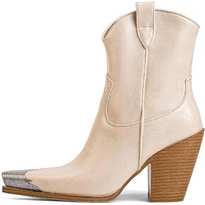 Arqa Women's Western Boots Etched Metal Toe Cowgirl Booties Stacked Block Heel Ankle Boots Side Zipper Vintage Cowboy Boot