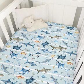 Blue Sharks Baby Crib Sheets 52''x28'' Sea Animals Sharks Stripes Snug Fitted Crib Mattress Cover for Boy Girl Ocean Fishes Corals Nautical Life Baby Bed Sheet for Standard Crib and Toddler Mattress